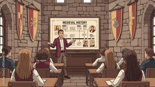 Professor teaching medieval history to attentive students in classroom.