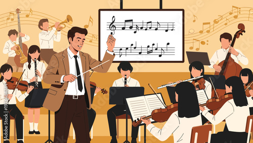 Orchestra conductor leading young musicians in a music class.