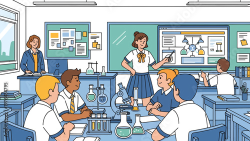 Students and teacher in a science classroom learning chemistry.