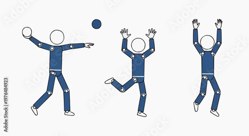 Simple stick figure of three motions during a ball game