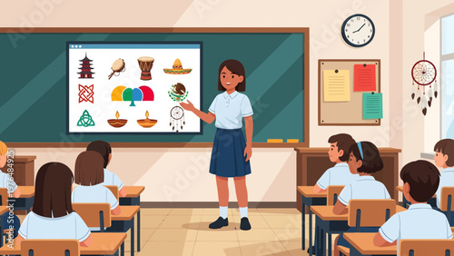 Teacher instructing students in a classroom with educational display.