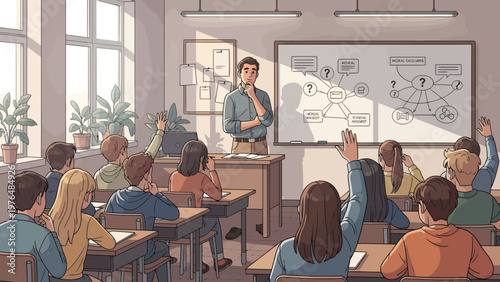 Teacher instructing students in a classroom setting.