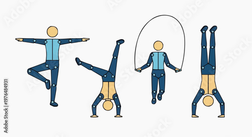 Sport and Fitness silhouettes in action, showcasing various exercises such as skipping and gymnastics. The figure engages in diverse activities