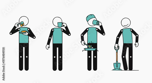 Four stick figures engaged in daily routines, illustrating different activities and habits