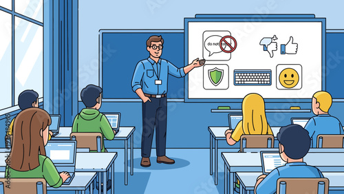 Teacher instructing students on digital safety and online etiquette.