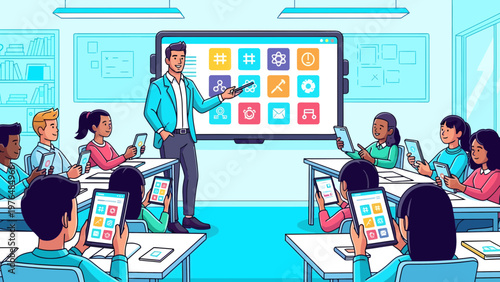 Teacher instructing students using digital tablets in modern classroom.