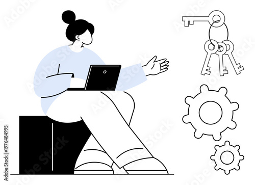 Data security, system operation, business workflow, technical support, access control, technology management. Woman using a laptop with gear and key icons. Data security and system operation focus