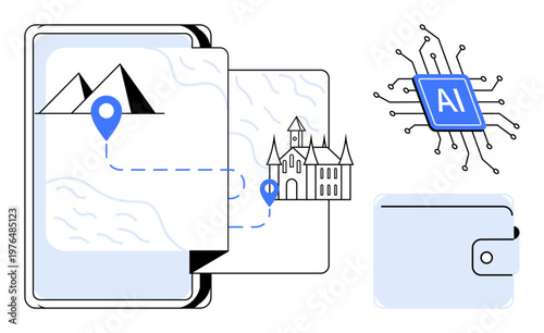 Travel planning, AI integration, fintech, smart navigation, digital payments, futuristic technology. A digital map with landmarks, AI chip and wallet icon. Travel planning and AI integration concept