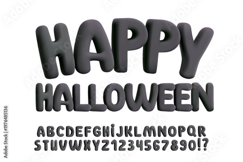 3D black balloon font, inflated bubble letters and numbers in Y2K style. Playful plump typography for Halloween party, abstract signs, and creative holiday graphics. Fun rubbery element for stickers