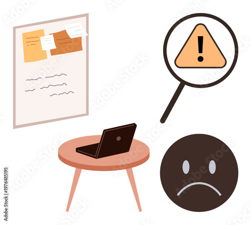 Remote work stress, productivity management, warning alerts, task organization, work-life balance, online safety. A laptop on a desk, a warning sign notes pinned and a sad face. Remote work stress