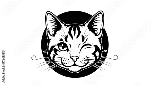 Winking Tabby Cat Face, Black and White Graphic, Playful Pet Portrait