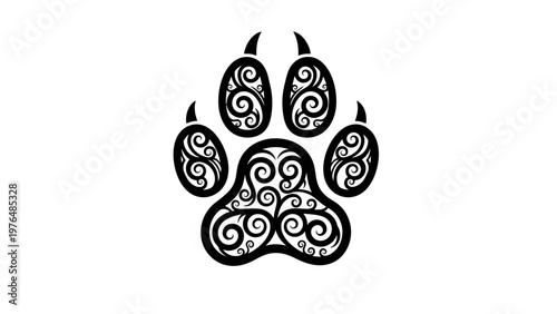 Tribal Paw Print Tattoo Design - Black Swirls on White Background