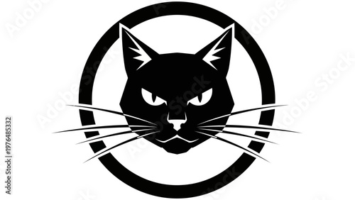 Black Cat Head Silhouette in Circle Logo, Fierce Eyes, Minimalist Design, Vector Graphic