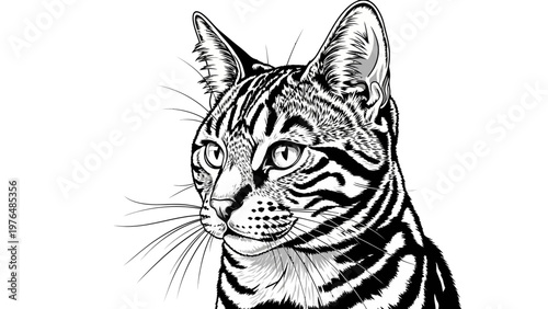 Detailed Black and White Illustration of a Bengal Cat's Face