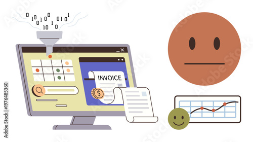 Workflow efficiency, business management, data processing, automation, finance, technology. Computer screen showing an invoice, charts and data visualization symbols. Workflow efficiency