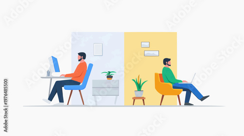 Flat vector illustration of two men working remotely, suitable for business presentations, articles on remote work, or technology blogs.