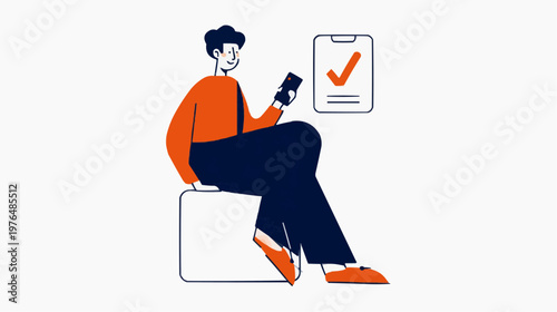Flat vector illustration of a person using a smartphone with a checklist, suitable for business, technology, or productivity designs. Copy space