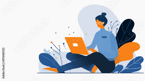 Flat vector illustration of a person working on a laptop, surrounded by abstract plants, suitable for business websites, technology blogs, or digital marketing materials. With copy space