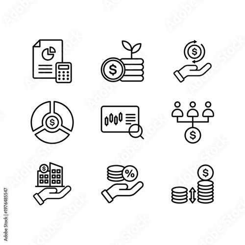 Investment strategy and financial analytics line art icon set
