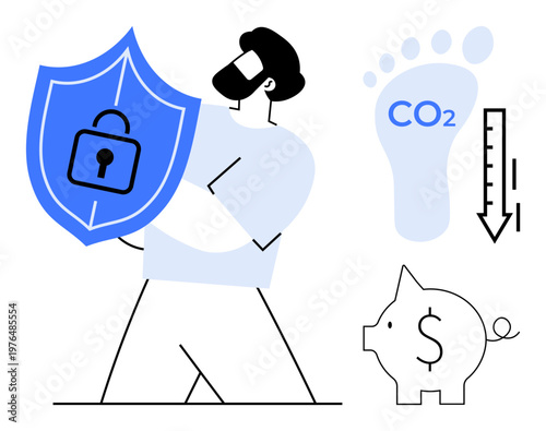 Cybersecurity, environmental sustainability, finance, digital protection, carbon emissions reduction, climate responsibility. Person holding shield with lock, footprint with CO2, piggy bank