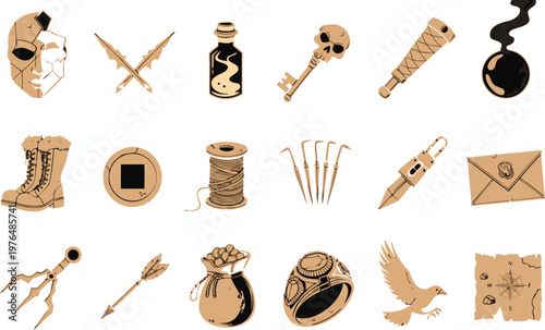 Professional RPG loot icon set featuring a golden mask, crossed daggers, ghostly potion, skull key, and adventure gear. Perfect for tabletop gaming, fantasy UI design, and medieval quest graphics