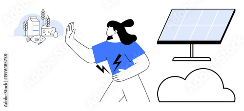 Renewable energy, sustainable living, eco-friendly solutions, clean energy technologies, green lifestyle, agriculture. Woman pointing to solar energy and farming elements. Renewable energy