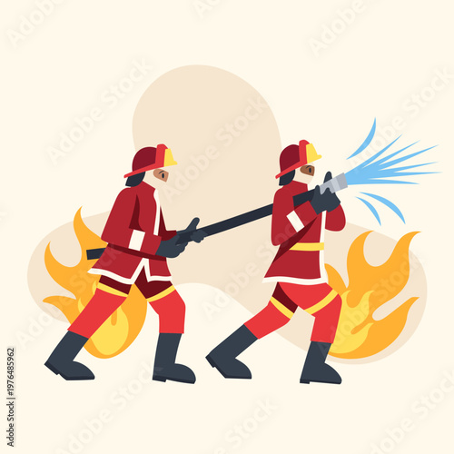 Two firefighters using a water hose to extinguish a large fire