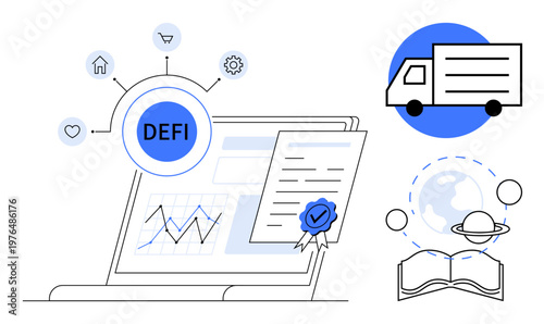 Financial technology, blockchain, logistics, digital transformation, economic innovation, data analysis. Digital contract and decentralized finance icon with charts and a truck vector. Financial