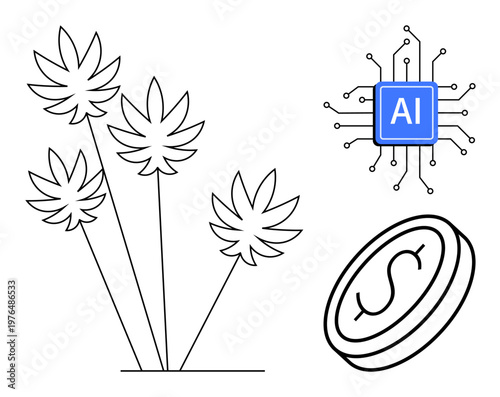 Digital innovation, finance technology, botanical elements, artificial intelligence, blockchain, economy. Cannabis plants, AI chip and cryptocurrency coin. Digital innovation and finance technology