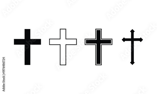 Cross symbol set with Christian religious icons, black and white variations, minimalist spiritual symbols, faith sign collection, geometric outline and solid cross designs.