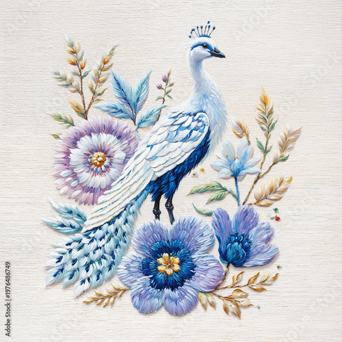 Elegant White Peacock with Purple Flowers Oil Painting on Canvas