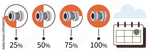 Task management, project progress, milestone tracking, goal achievement, productivity planning, workflow management. Progress bar with percentages next to a calendar. Task management and project