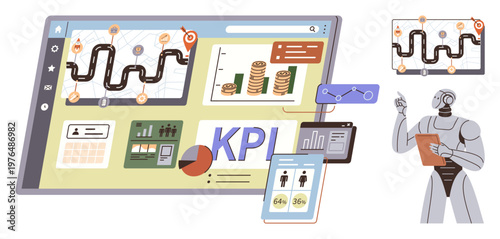 Business strategy, data analysis, workflow optimization, financial performance, automation, AI-driven management. A robot pointing at data charts and dashboards. Business strategy and data analysis