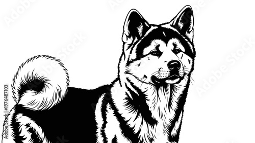 Akita Dog Portrait, Majestic Japanese Breed, Black and White Illustration