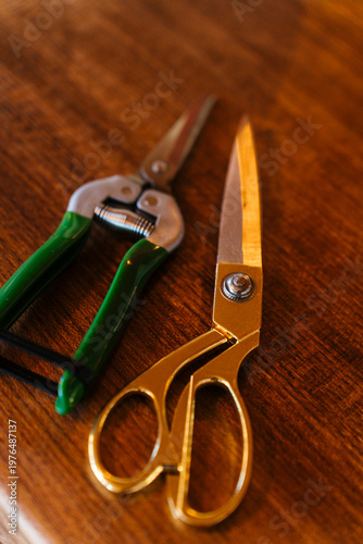 Close-up of scissors and pruning shears on a wooden surface, highlighting sharp metal blades and colorful handles. Ideal concept for gardening, crafting, DIY work, and everyday tools.