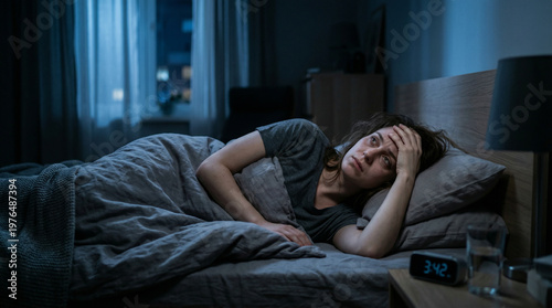 Woman with insomnia lying awake in bed during the night