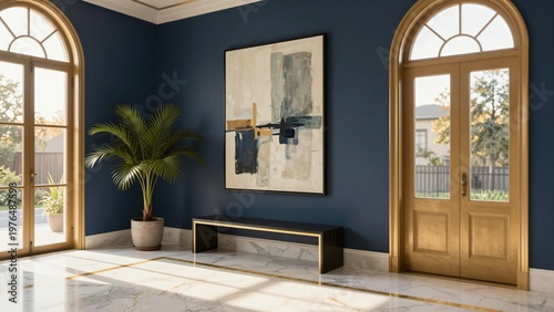 Luxurious entryway featuring blue walls, marble floor, and modern art.