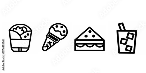 Set of four simple line art icons representing various fast food and drink items.