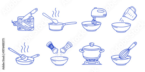 Cooking process set of illustrations. Boiling, frying, mixing. Blue line vector icons on white background.