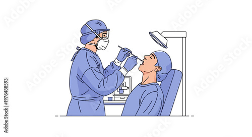 Vector illustration of a medical professional performing a nasal swab test on a patient, depicting healthcare and diagnostic procedures