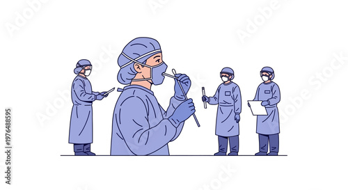 Vector illustration of medical professionals in protective gear performing diagnostic tests and administering treatments