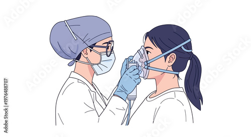 Healthcare professional applying an oxygen mask to a patient, providing essential medical support and respiratory care. This clear Vector illustration depicts health services
