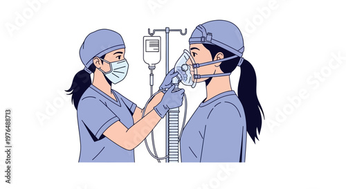Medical care vector illustration showing a nurse attending to a patient with an oxygen mask connected to an IV drip