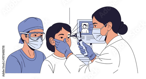 Vector illustration of a child undergoing a thorough ear examination by a masked doctor, accompanied by an adult, symbolizing pediatric healthcare and routine medical check-ups