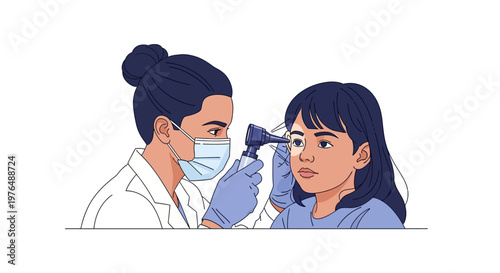 Vector illustration of a medical professional examining a child's ear with an otoscope, representing pediatric healthcare and medical check-ups