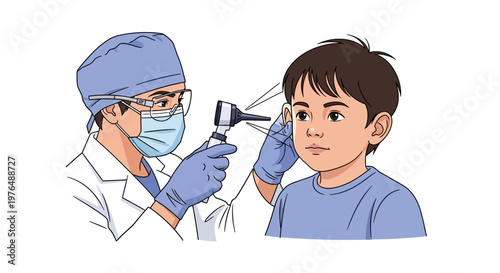 Vector illustration of a doctor performing a comprehensive ear examination on a young patient using an otoscope, highlighting essential pediatric health check-ups