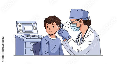 Vector illustration of a medical professional conducting a comprehensive ear examination on a young boy, emphasizing pediatric healthcare and diagnostic care in a clinic setting