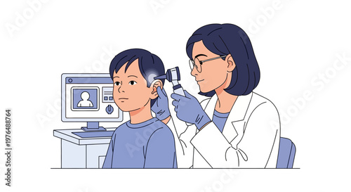Vibrant Vector artwork showing a doctor performing a careful ear inspection on a child, illustrating essential pediatric medical care and a routine health examination