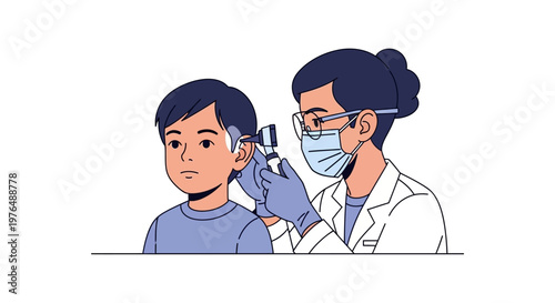 Vector illustration of a doctor examining a child's ear with an otoscope, symbolizing pediatric healthcare and medical check-ups