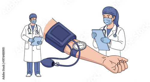 Vector Illustration of a Doctor Taking Blood Pressure Reading with a Cuff and Gauge, Medical Healthcare Concept